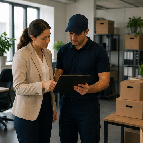 Visita comercial de Vacía Tu Piso con cliente de empresa para presupuesto, planificación y coordinación del vaciado de oficina en Madrid