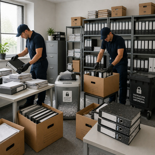 Retirada de cajas, archivadores, carpetas y documentación física en vaciado de oficinas en Madrid